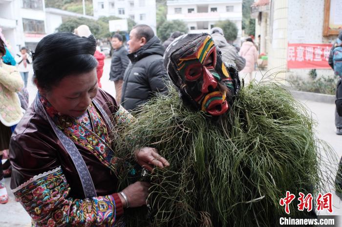 圖為民眾為“芒篙”整理身披的芒藤。劉俊聰 攝